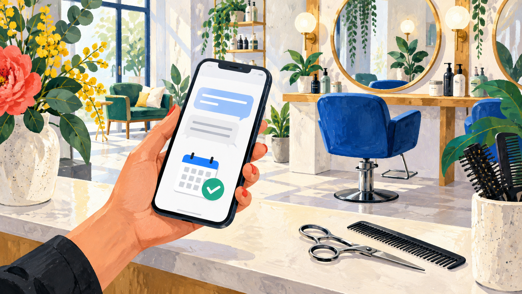 Painted illustration of a hand holding a phone with appointment messages and a calendar checkmark inside a salon
